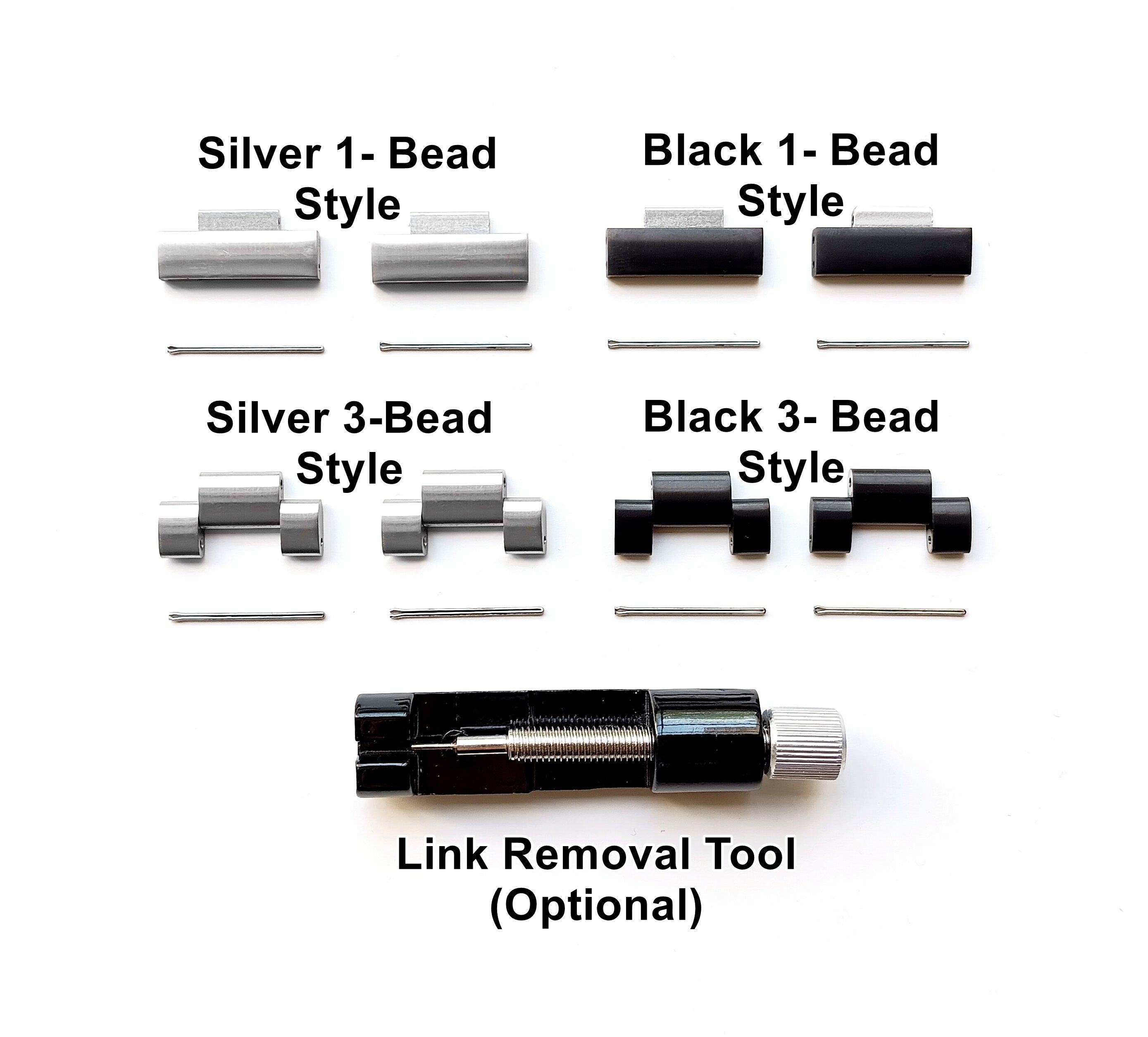 22mm 2 Links for Watch Bands Straps Stainless Steel 1 Bead 3 Bead Style Replacement with Pins Silver Black Color Link Removal Install Tool